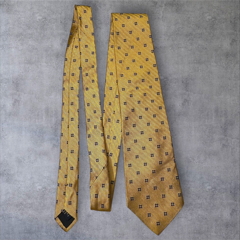 Brooks Brothers Makers XL Silk Tie Gold Blue Geometric Woven England USA 3.75"‎
